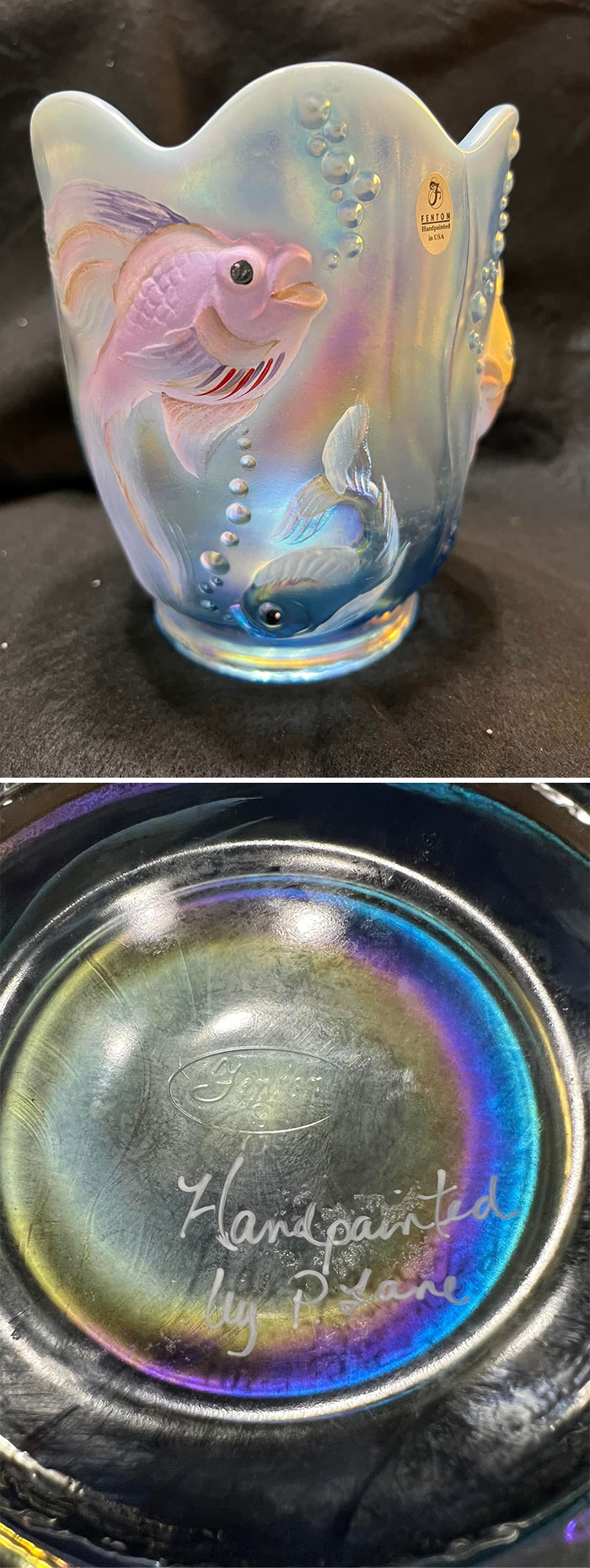 Hand-painted Fenton glass vase with fish design, showing secondhand find details and signature.