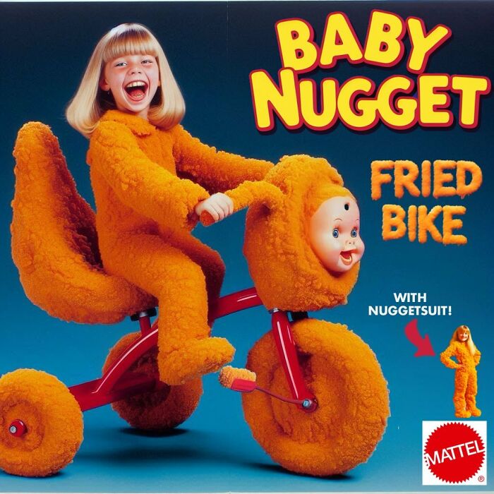 Child on a "Baby Nugget" fried bike, wearing an orange nuggetsuit. Controversial toy by Rosemberg.