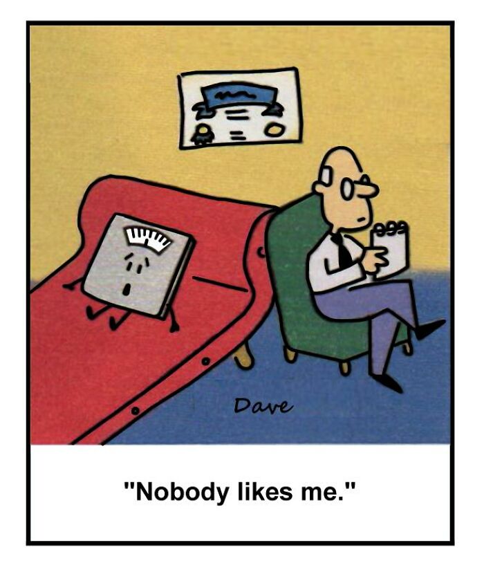 Comic with a scale on a therapist's couch saying, "Nobody likes me," illustrating humorous art in a one-panel scene.