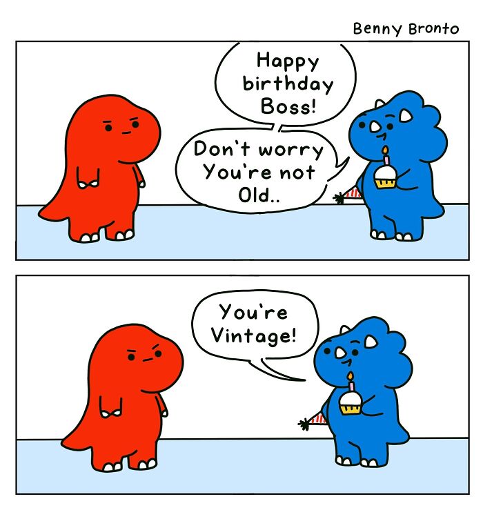 Two cartoon dinosaurs, with the blue one humorously calling the red one "vintage" in a Benny Bronto comic strip.