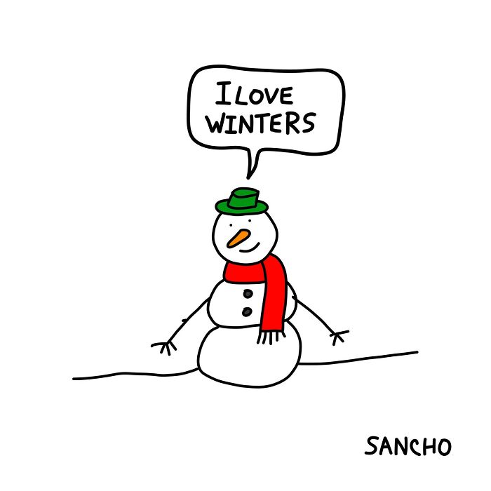 Cartoon snowman by Gabriel Sancho, wearing a green hat and red scarf, saying, "I love winters."