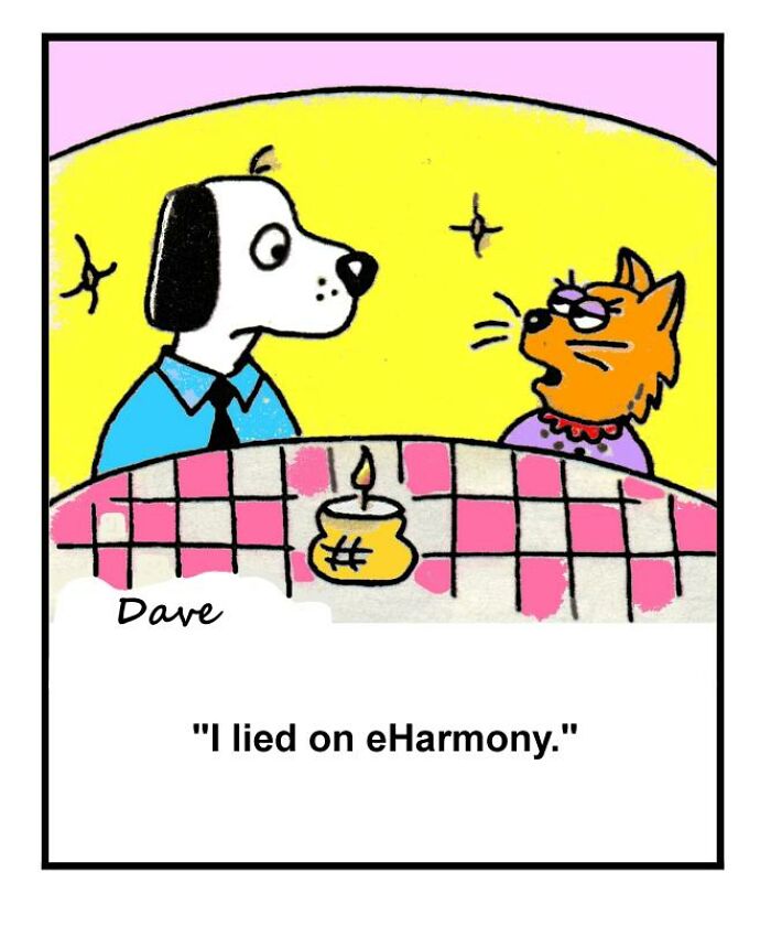 Humorous one-panel comic of a dog and a cat at a table, captioned "I lied on eHarmony."