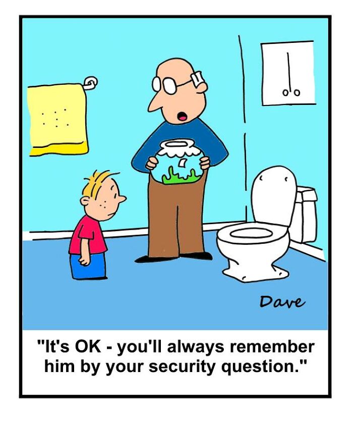 Humorous one-panel comic of a man holding a fishbowl, talking to a child in a bathroom setting.