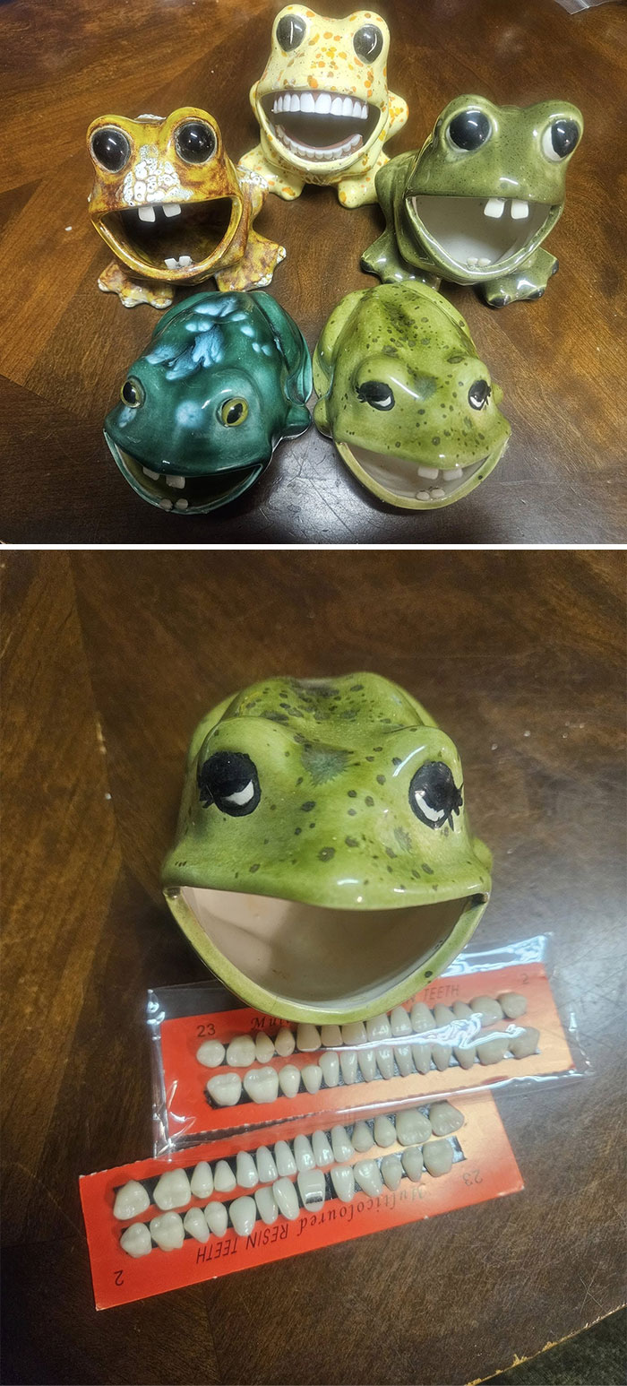 Five quirky frog-shaped ceramic holders with different expressions, shown with resin teeth sets, showcasing secondhand finds.