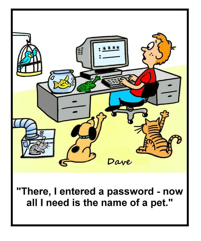 Humorous comic of a person guessing a password with pets around, including a dog, cat, bird, and fish.