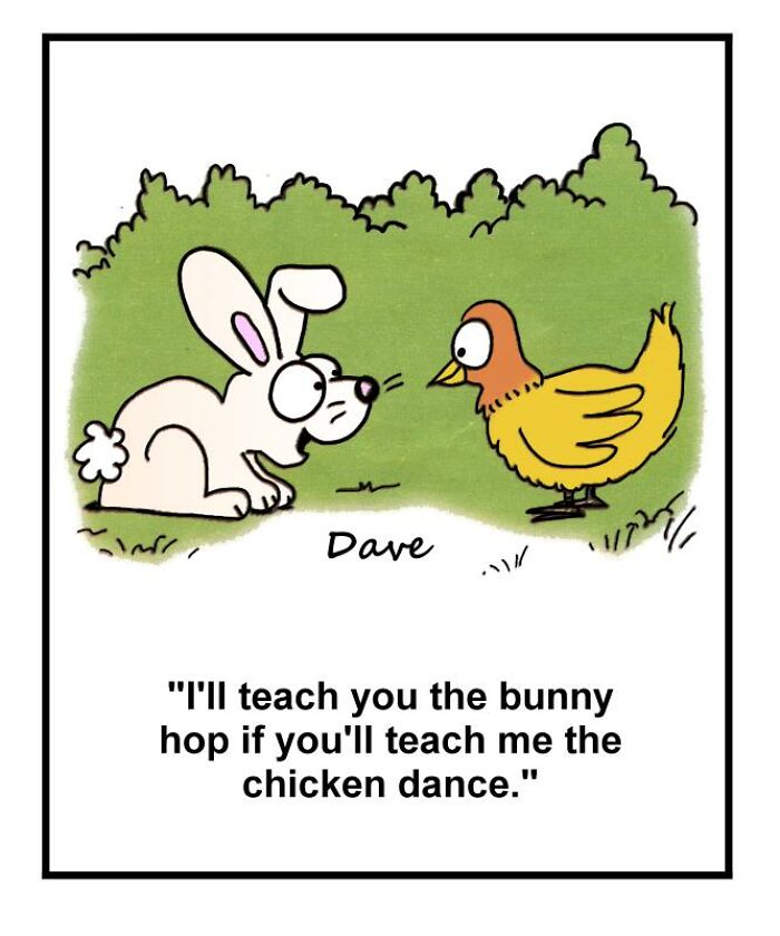Humorous comic of a bunny and a chicken exchanging dance lessons, with a funny dialogue beneath.