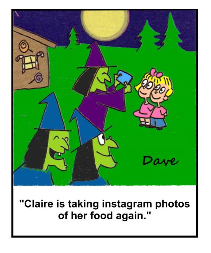 Humorous one-panel comic of witches taking a photo of food with kids in the background under a full moon.