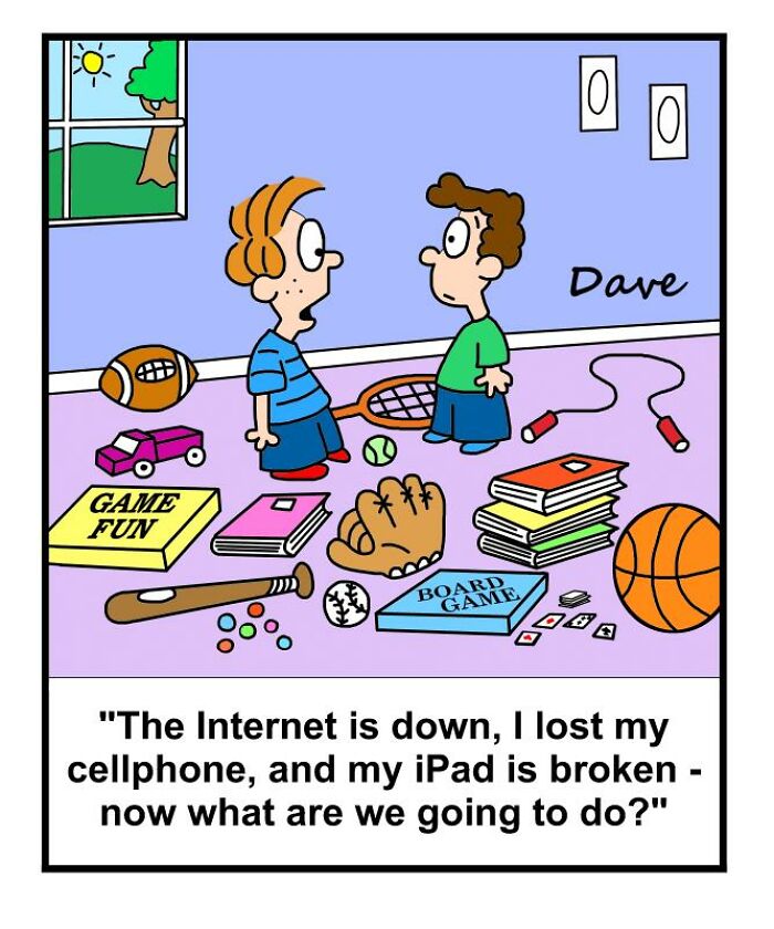 Two kids surrounded by toys, pondering offline activities in a humorous one-panel comic.