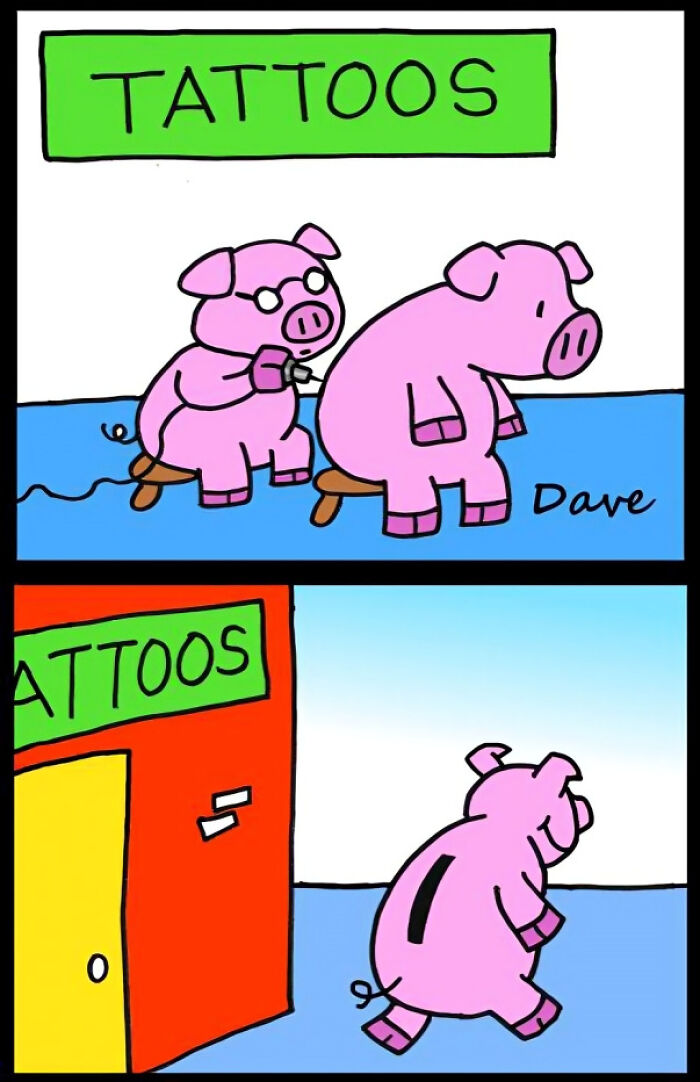 Humorous one-panel comic of pigs at a tattoo shop, showcasing creative artwork.