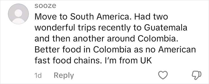 Screenshot of a comment suggesting relocating to South America for better food and travel experiences.
