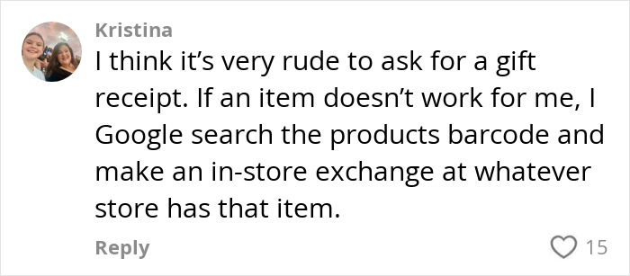 Comment discussing thrifted boots gift and receipt request, mentioning exchanging items using barcode search. Comment discussing thrifted boots gift and receipt request, mentioning exchanging items using barcode search.