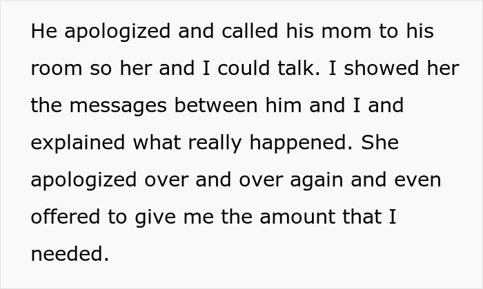 Text message describing a situation where a boyfriend apologizes and resolves a conflict involving birthday perfume.