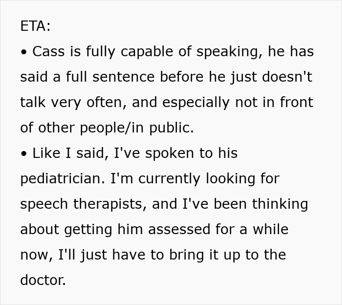 Text discussing a child's speech development, parental actions, and consulting a pediatrician. Text discussing a child's speech development, parental actions, and consulting a pediatrician.