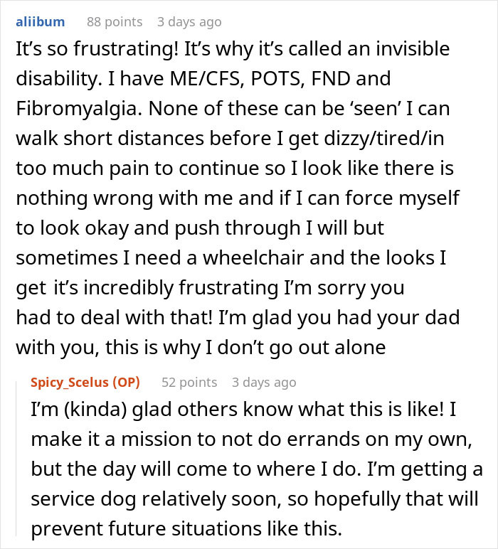 Reddit user discusses invisible disability challenges and societal perceptions in a comment thread.