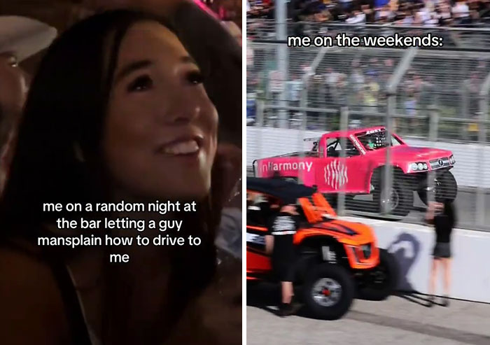 Woman listening at a bar with text overlay, and a pink car at a race track, highlighting the mansplain trend on TikTok.