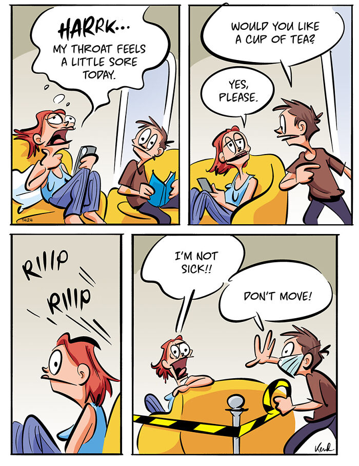 Cartoon strip with Kenneth and Martha discussing a mess made by a mischievous Christmas elf.