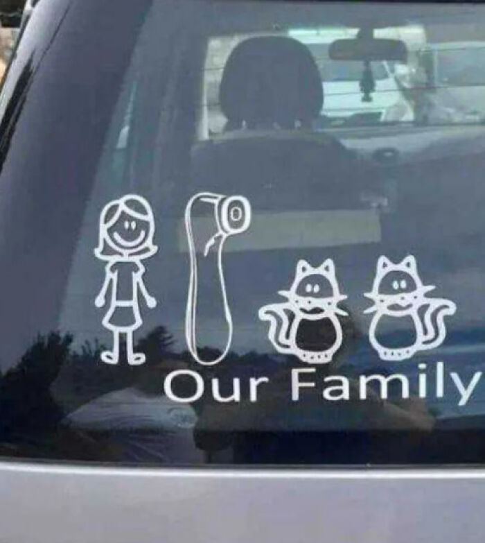 Funny bumper sticker on car window with cartoon figures and "Our Family" text.