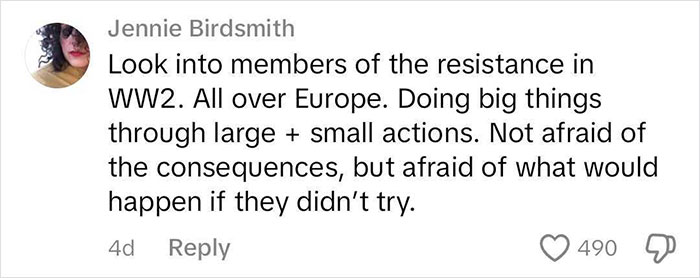 User comment highlighting WWII resistance actions, encouraging courage despite consequences.