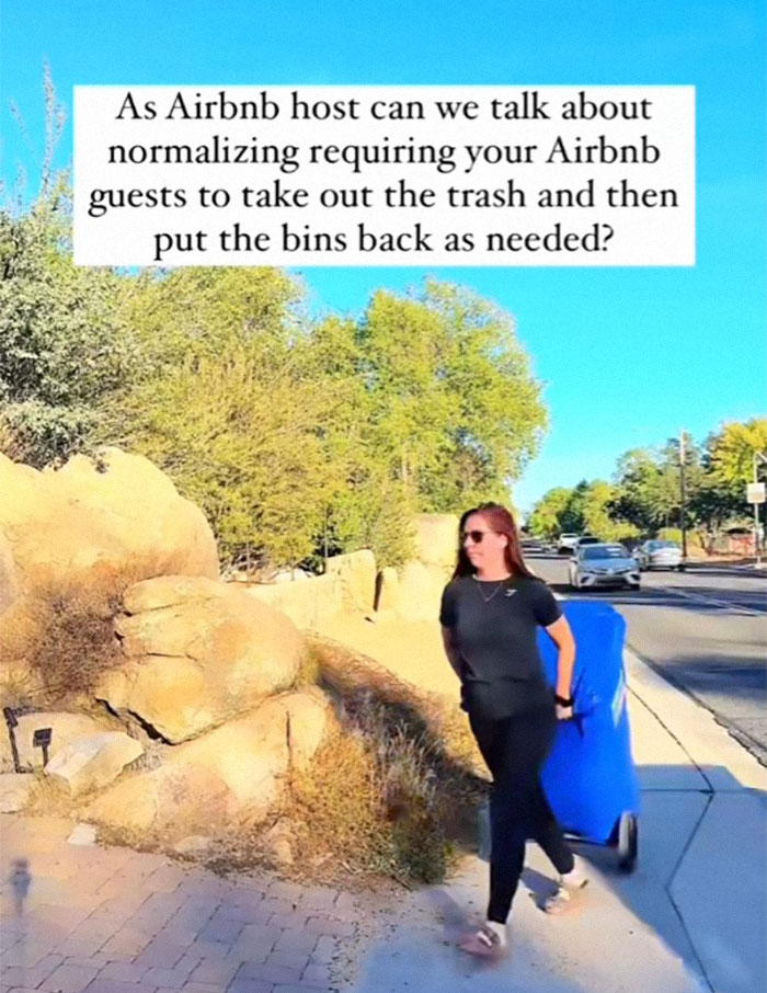 Person taking out trash, suggesting normalizing Airbnb guests doing the same, with text overlay about host responsibilities.