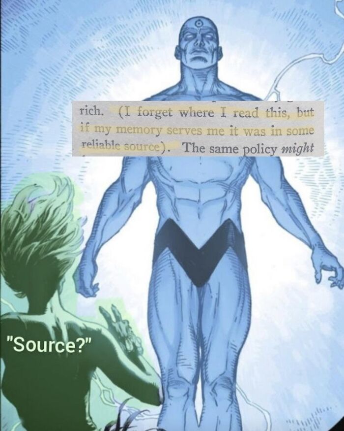 Comic scene with blue character standing, humorous text about forgetting a source, shared by a dedicated meme Instagram page.