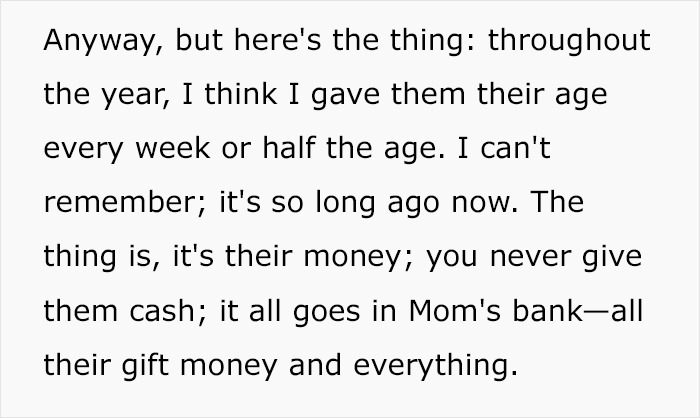 Text about a parent's method of managing children's money instead of paying for chores. Text about a parent's method of managing children's money instead of paying for chores.