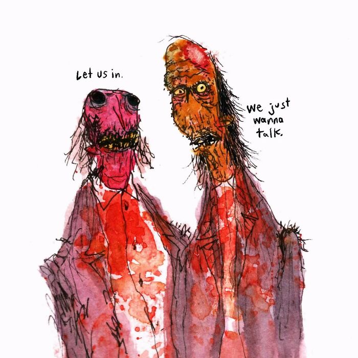 Two distorted humanoid figures by Kyle Beaudette, one saying "Let us in," showcasing dark humor in watercolor style.