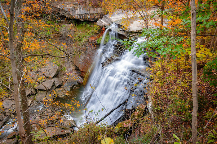 Waterfall amid autumn foliage showcasing amazing views in a forest.