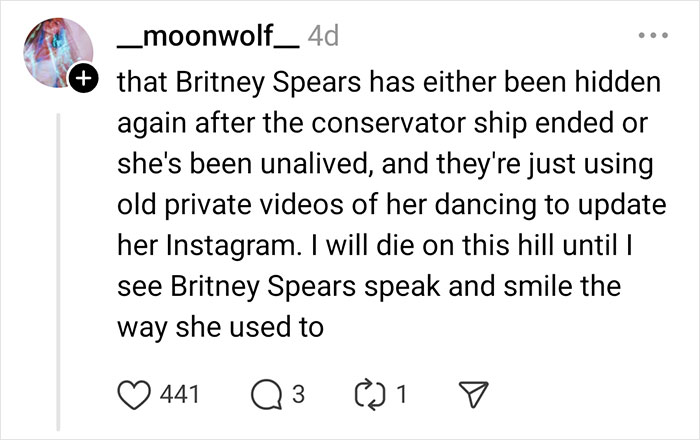Social media post discussing celebrity rumors about Britney Spears, questioning her current public presence.