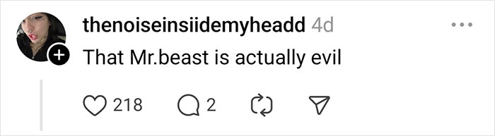 Instagram comment discussing a celebrity rumor about Mr. Beast being evil, with 218 likes.