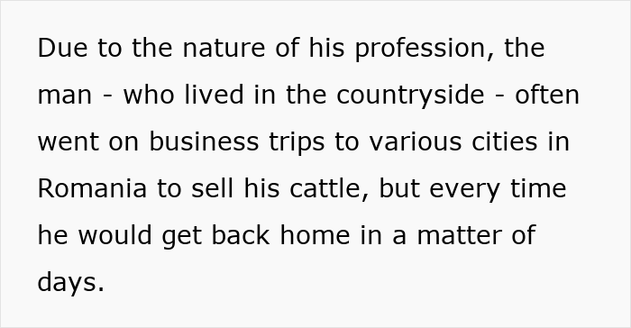 Text about a man who went on business trips to sell cattle, linked to mystery disappearance.