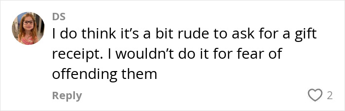 Text response about thrifted boots gift receipt request, showing a small profile picture and a like count. Text response about thrifted boots gift receipt request, showing a small profile picture and a like count.