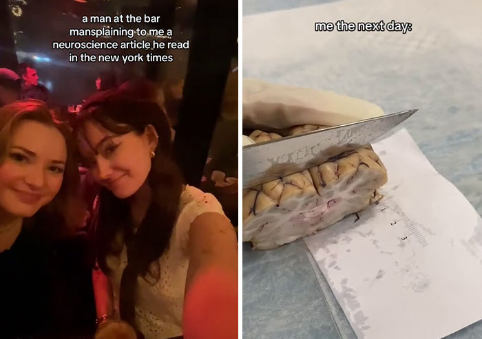Two women taking a selfie at a bar, showcasing the "mansplain" TikTok trend with a humorous follow-up image.