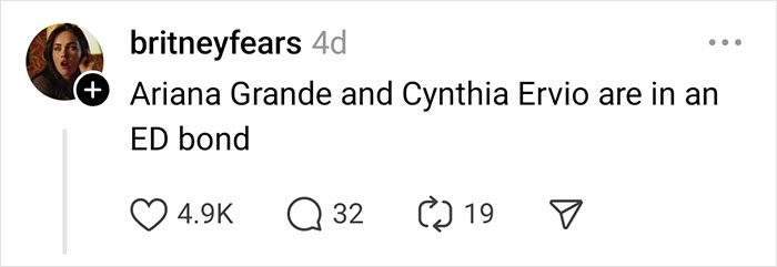 Social media post discussing a celebrity rumor involving Ariana Grande and Cynthia Ervio.
