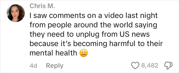 Comment on US news impact, with user sharing worldwide concerns about mental health and American current affairs.