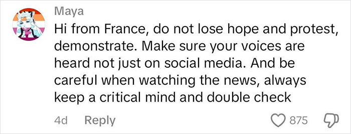 Comment advising Americans to protest and be cautious with news, highlighting critical thinking on current affairs.