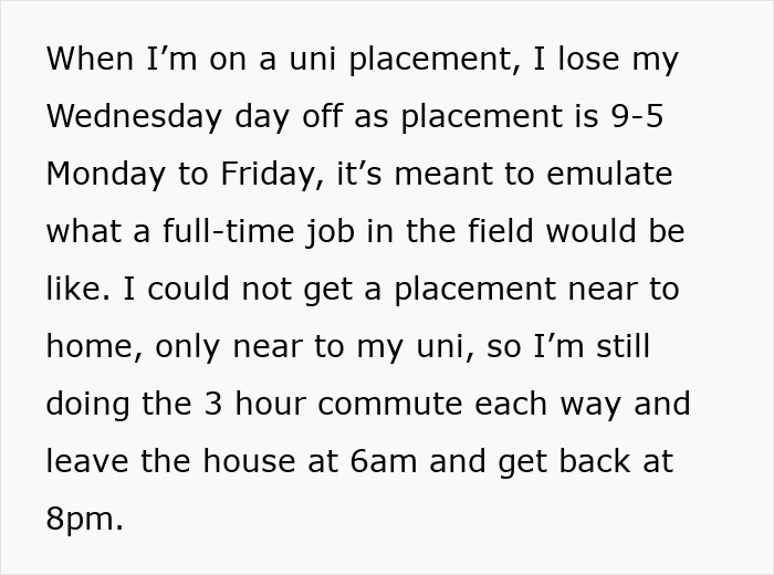 Text discussing long uni placement and difficult commute.