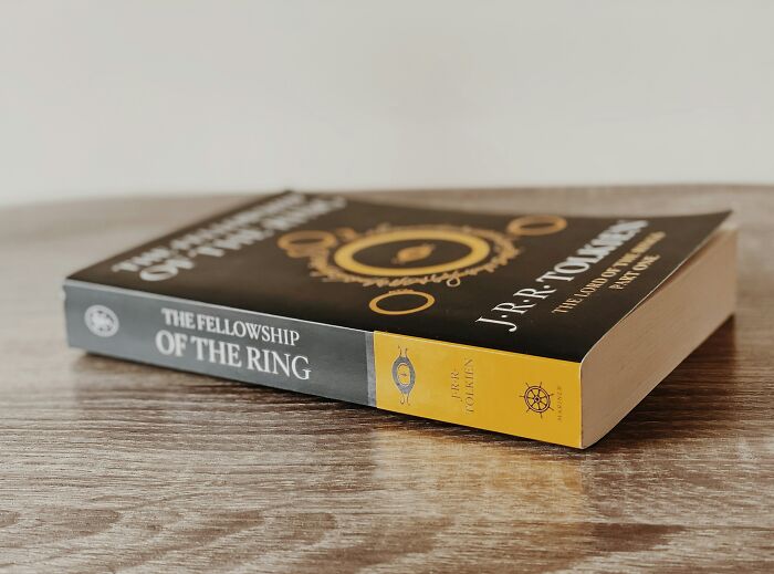 Book "The Fellowship of the Ring" on a wooden table, a nostalgic item for teens from the 2000s.
