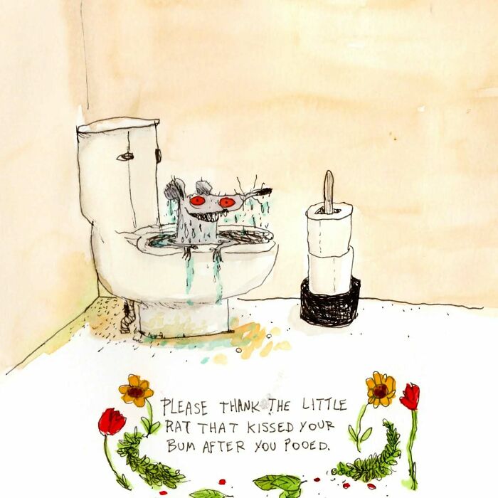 Illustration of a grinning rat peeking from a toilet, showcasing Kyle Beaudette's dark humor with a whimsical note.