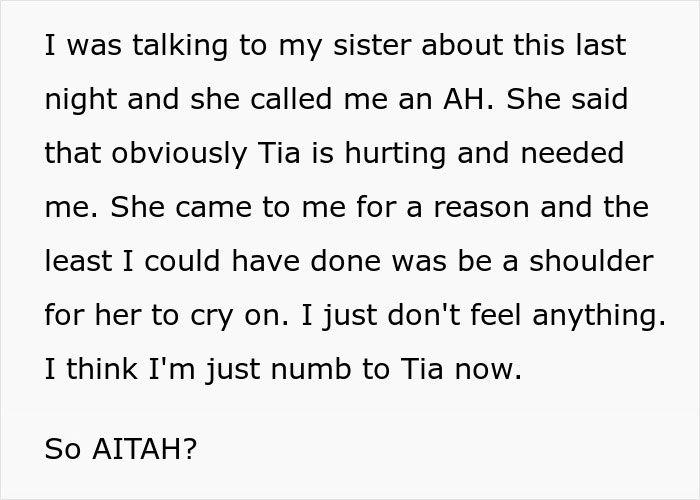 Text about emotions, advice, and family conflict, mentioning a conversation about Tia&rsquo;s feelings and seeking support.
