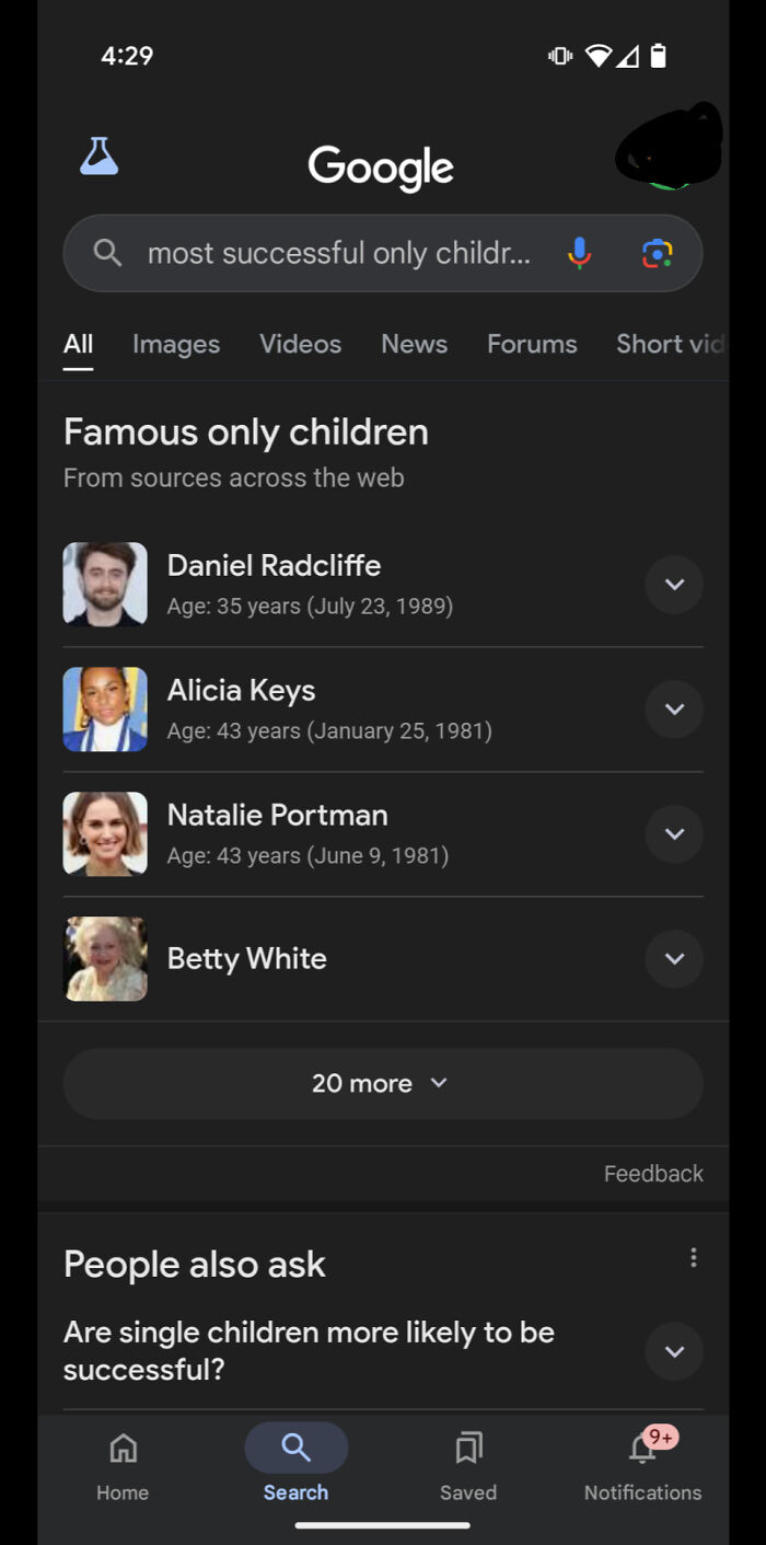 Google search showing famous only children, highlighted in search results.