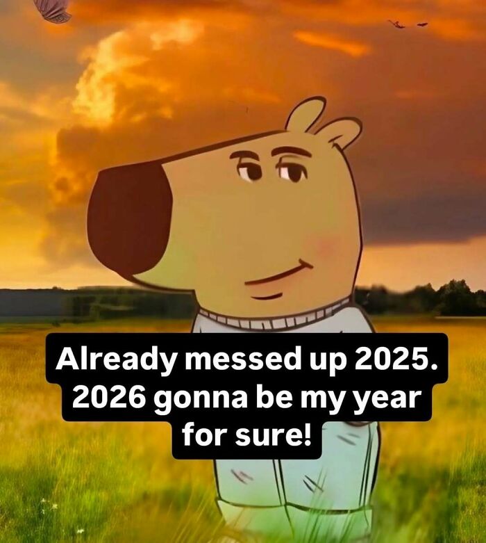 Animated dog character with a confident expression standing in a field during sunset with a funny meme caption.