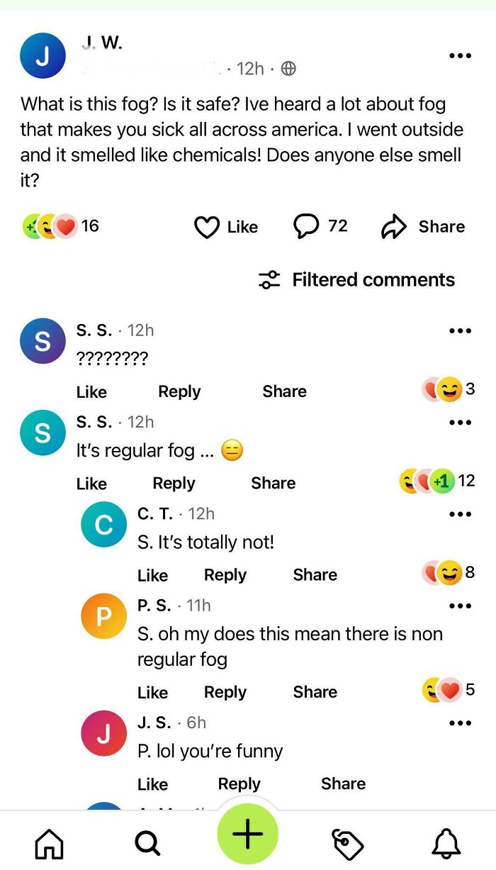 Screenshot of a wild post on a neighbors app discussing unusual fog smelling like chemicals with multiple user comments.