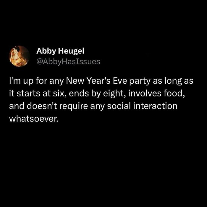 A humorous tweet about ideal New Year's Eve plans, relatable to the Avocado Generation.
