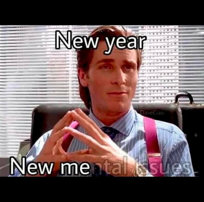 Man in a suit with hands steepled, meme text about new year and new mental issues, funny therapy memes concept.