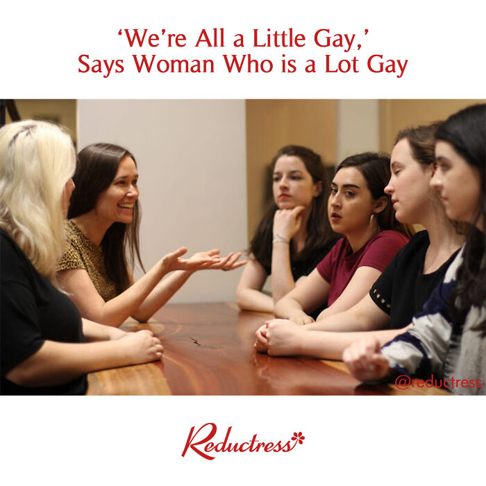 Group of women engaged in a humorous discussion with sarcastic headlines from Reductress fake article headlines online magazine.