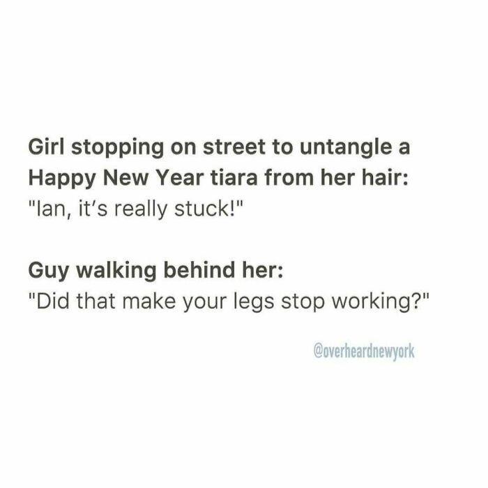 Girl untangling Happy New Year tiara on NYC street with a guy overhearing in one of the wildest NYC conversations.