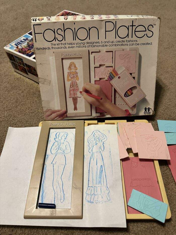 Vintage Fashion Plates set found while thrifting, including templates and sketches on paper.