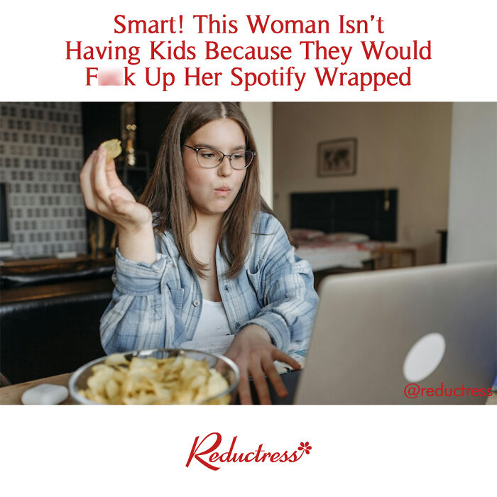 Young woman eating chips while looking at laptop, featuring funny fake article headlines from Reductress online magazine.