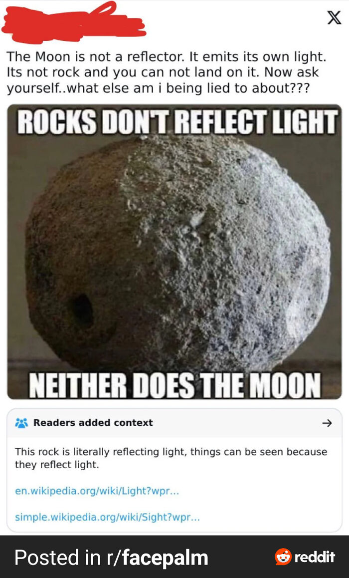 Confidently incorrect claim about the moon and rocks reflecting light, roasted in an online group discussion.