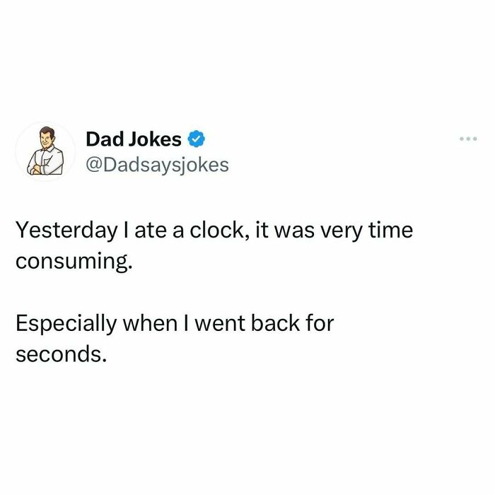 Dad joke Instagram post about eating a clock, highlighting time-consuming humor.